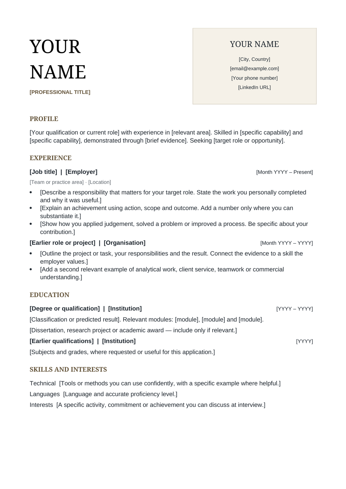 Actual full-page preview of the editable Calling Card Mayfair Word CV. The contact card is static.