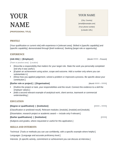 Actual full-page preview of the editable Calling Card Mayfair Word CV. The contact card is static.