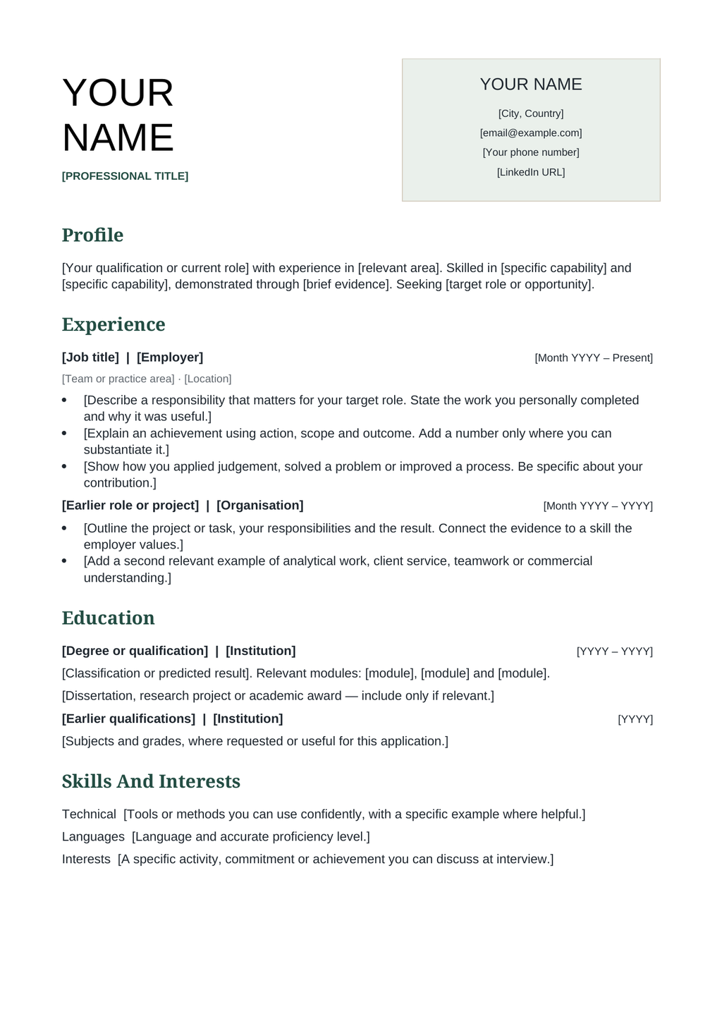 Actual full-page preview of the editable Calling Card Studio Word CV. The contact card is static.