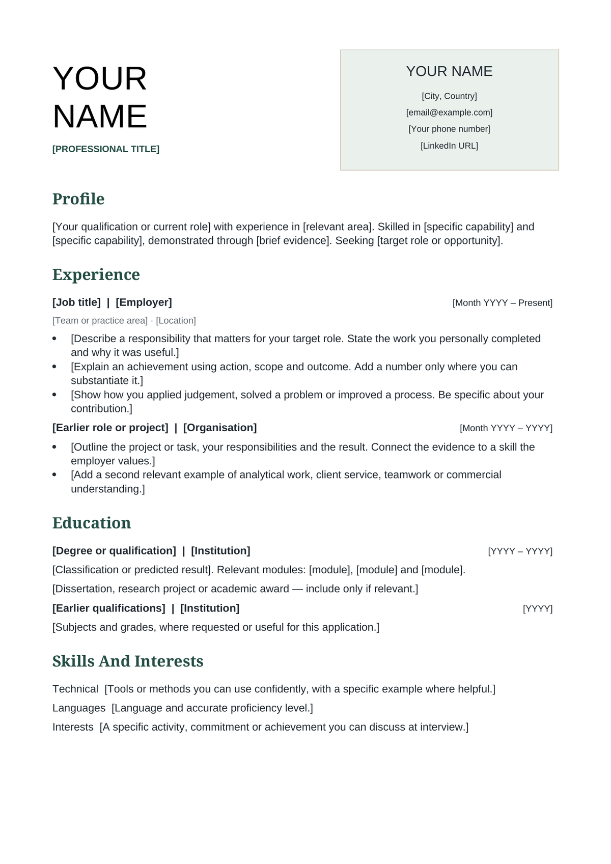Actual full-page preview of the editable Calling Card Studio Word CV. The contact card is static.