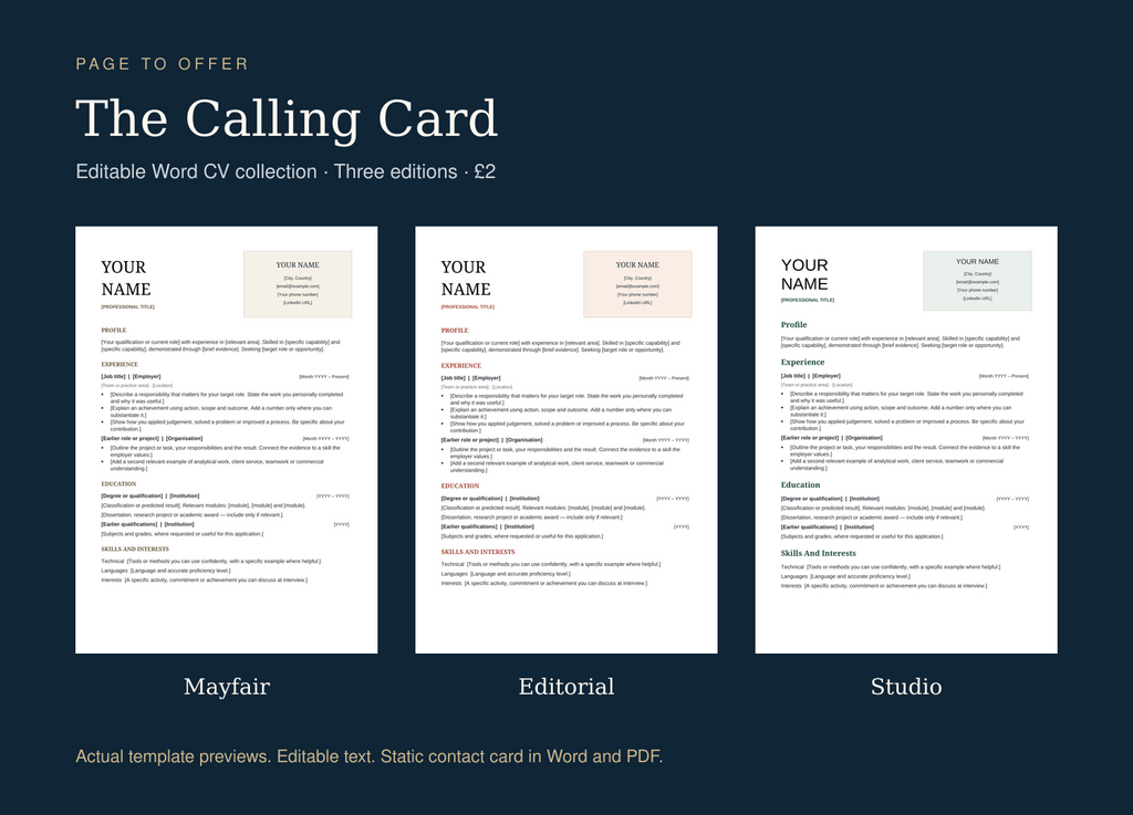 The Calling Card Word CV collection: three editable editions for £2.