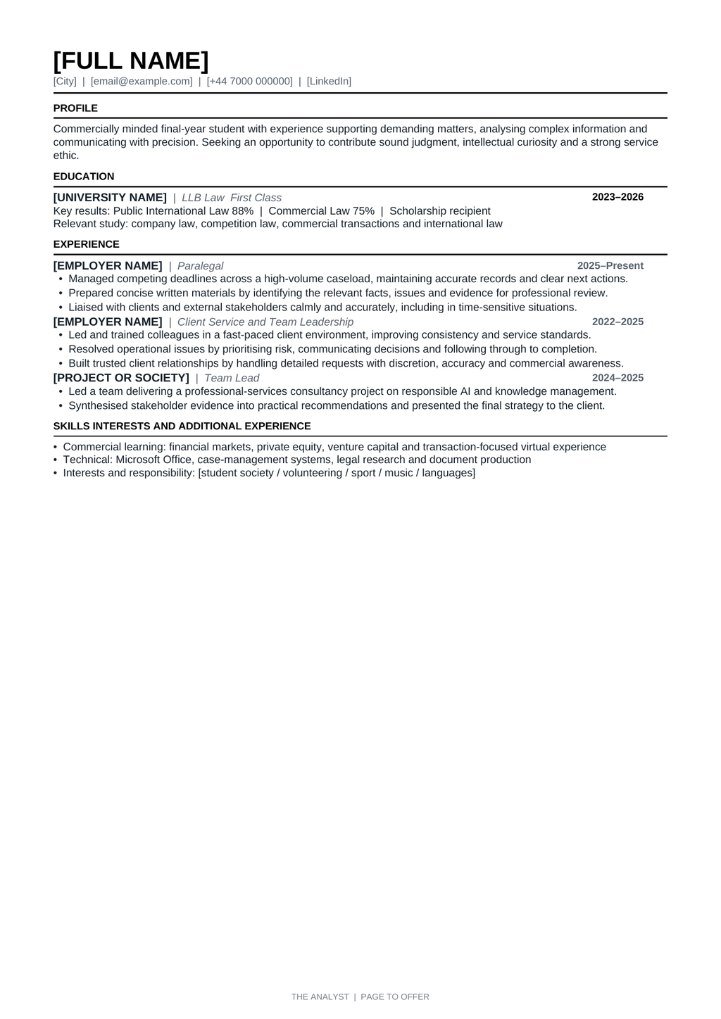 The Analyst professional CV template preview by Page to Offer