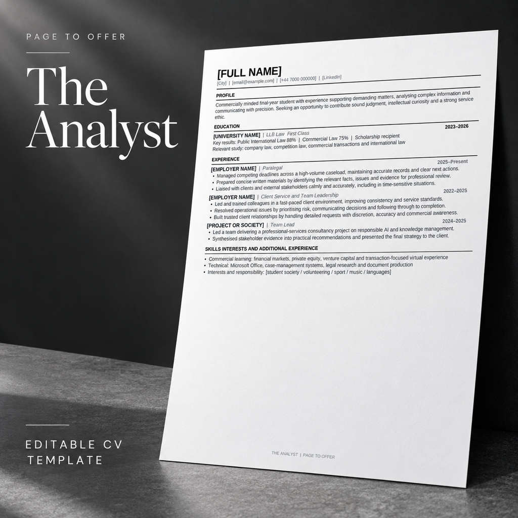 The Analyst editable CV template — Page to Offer product mockup