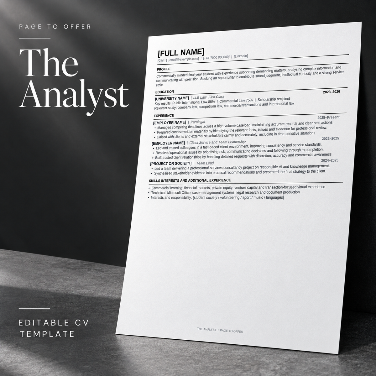 The Analyst editable CV template — Page to Offer product mockup