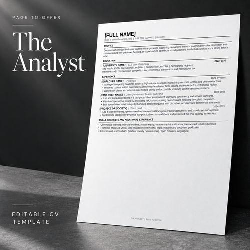 The Analyst editable CV template — Page to Offer product mockup