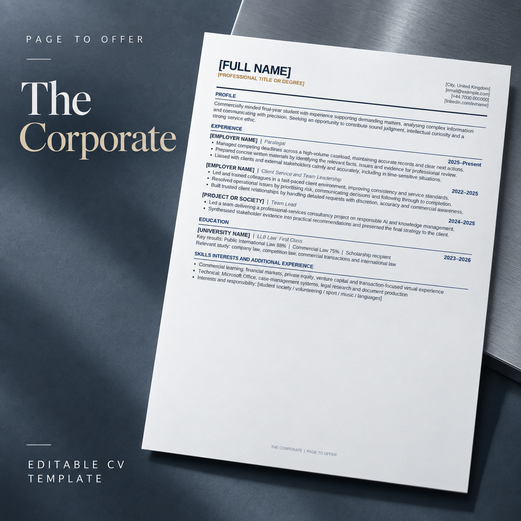 The Corporate editable CV template — Page to Offer product mockup