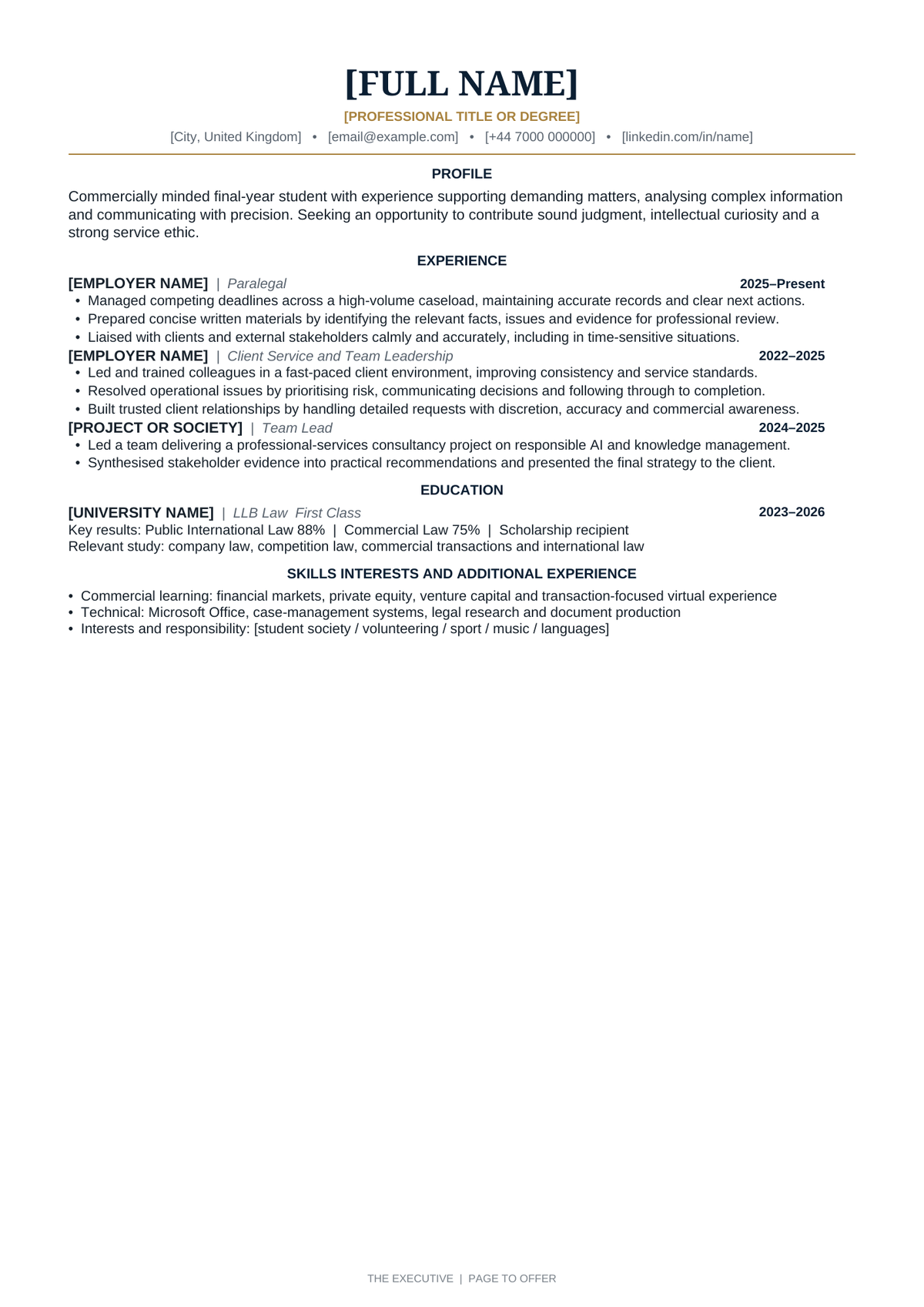 The Executive professional CV template preview by Page to Offer