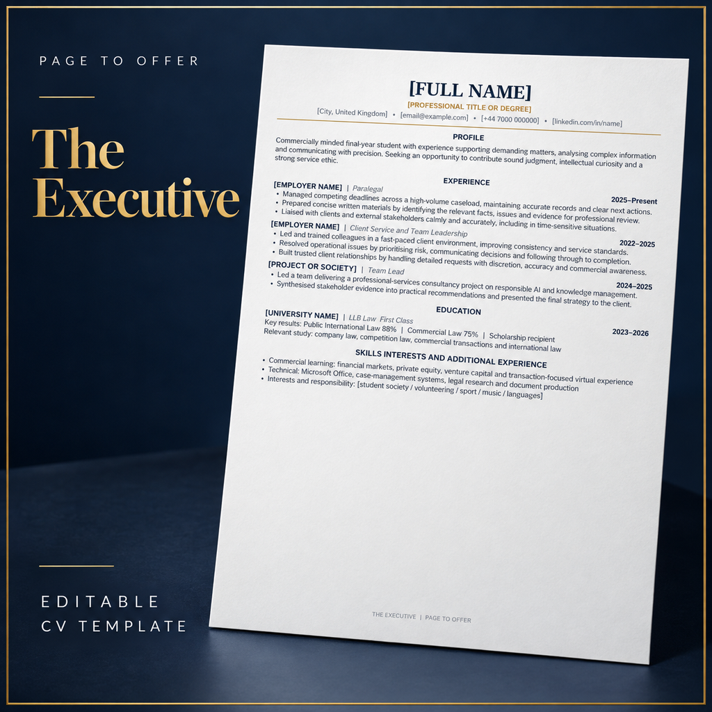 The Executive editable CV template — Page to Offer product mockup