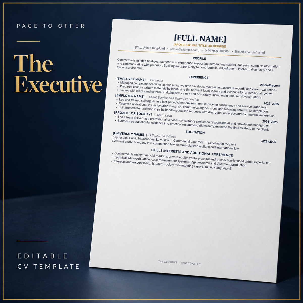 The Executive editable CV template — Page to Offer product mockup