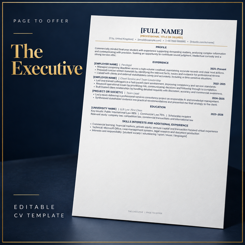 The Executive editable CV template — Page to Offer product mockup
