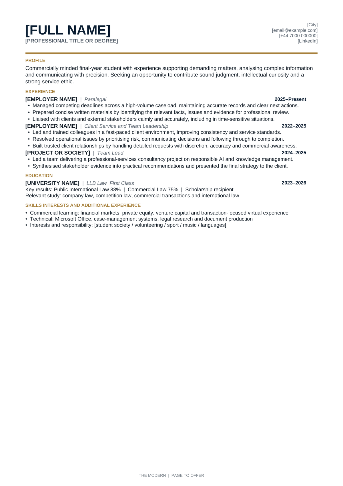 The Modern professional CV template preview by Page to Offer