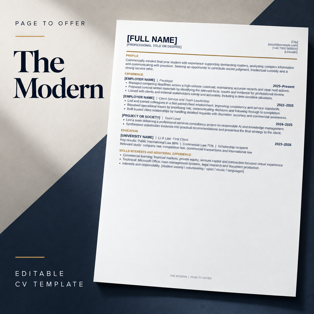 The Modern editable CV template — Page to Offer product mockup