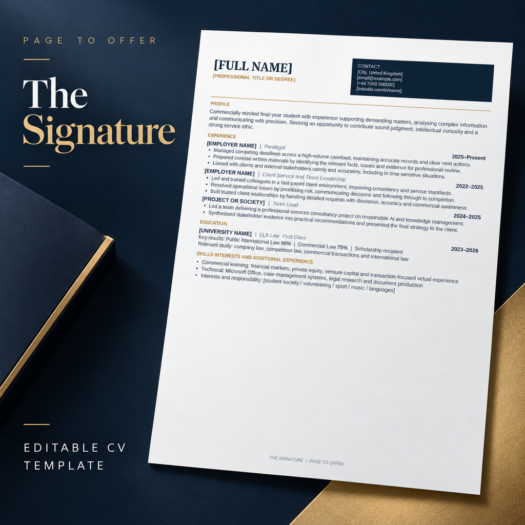 The Signature editable CV template — Page to Offer product mockup