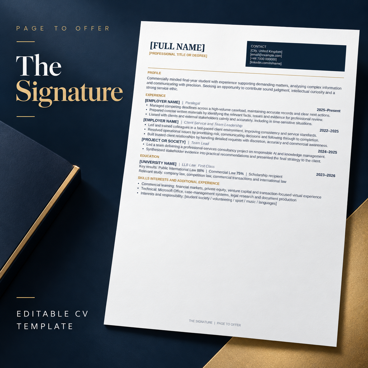 The Signature editable CV template — Page to Offer product mockup