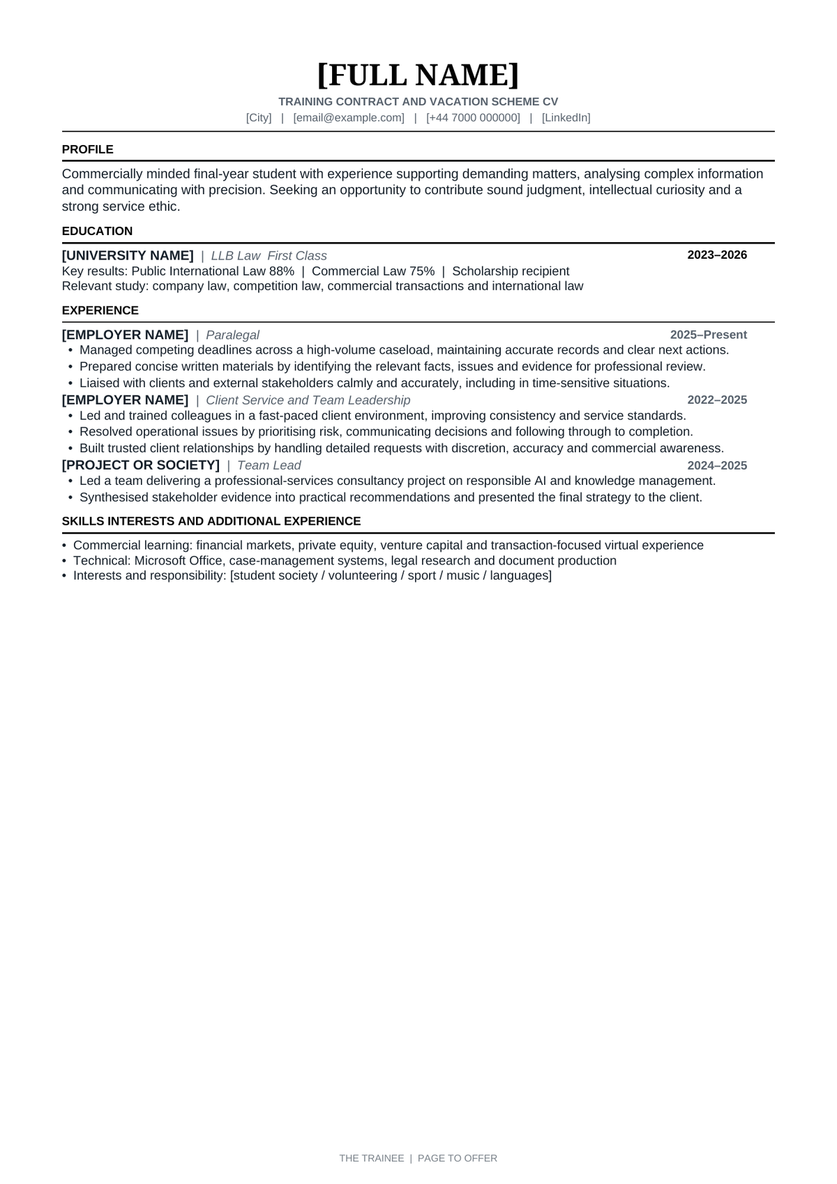 The Trainee professional CV template preview by Page to Offer