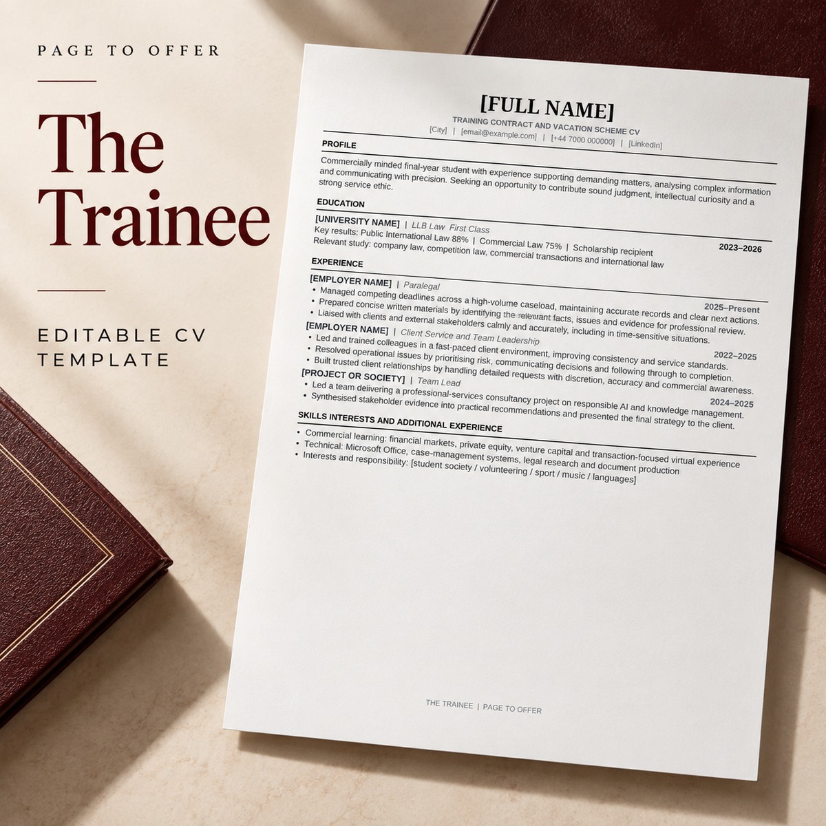 The Trainee editable CV template — Page to Offer product mockup